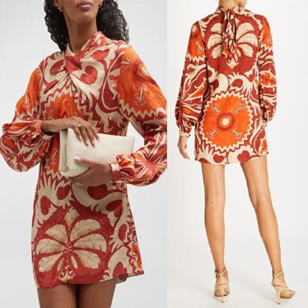 NWT Johanna Ortiz Contorno Lejano  Long Sleeve Print Twist Front Mini Dress